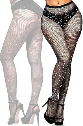 YOGINGO Women's Diamonds Fishnet Tights, Black, Rhinestones Fishnet Tights, Glitter Tights, Women's Mesh High Waist, Tight, Glittering Rhinestone Fishnet Tights,