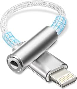 Lightning 3.5mm Jack Adapter [MFi Certified] Compatible with iPhone 14/13/12/11/X/8/Pad/iOS, White Silver