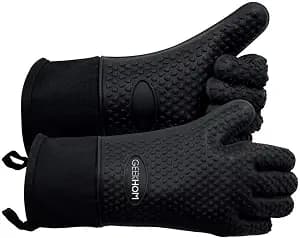 GEEKHOM BBQ Gloves Heat Resistant, 13.7 Inch Long Waterproof Silicone Oven Mitts for Grilling and Smoker, Non-Slip 5 Finger Kitchen Hot Mitts for Baking, Cooking & Cast Iron, Black