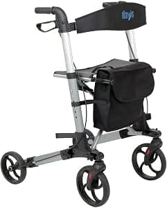DAYS Lightweight Deluxe Rollator, Folding Four Wheel Mobility Walker, Back Support, Mobility Aid Seat, Carry Bag, Adjustable Seat Height, Silver