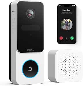 AOSU Wireless Doorbell with Camera, 2K HD Wireless Doorbell Outdoor Waterproof, Head-to-Foot View, Human PIR Detection, 2.4G WiFi, Two-Way Audio, Compatible with Alexa