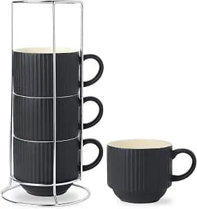 HASENSE Coffee Mug Ceramic Set of 4 with Stand, Stackable Large Latte Cups with Metal Stand, Dishwasher & Microwave Safe, Black for Cappuccino Tea Hot Cocoa