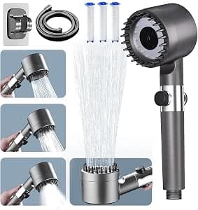 Hard Water Filter Shower Head and Hose, 3+1 Spray Jet Modes High Pressure Bathroom Shower Head and Shower Stand, Handheld Massage Power Showerheads Filter for Residual Chlorine Remove (Grey)