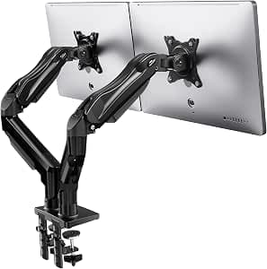 HUANUO Dual Monitor Arm - Full Adjustable MGas Spring Double Monitor Mount with C Clamp, Grommet Mounting Base for 13 to 32 Inch Computer Screens - Each Arm Holds 2 to 9kg - HNDS6