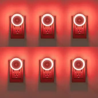 KINUR 6 Pack Red LED Plug into Wall with Dusk to Dawn sensors Plug in Night Lights for Kids Room, Bedroom, Bathroom, Stair Lights, Hallway Light