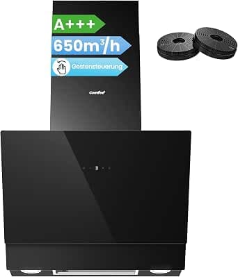 COMFEE' Headless Cooker Hood 60 cm A+++ 650m³/h CH60J72ET6A3B | Umluft & Abluft, Glas/Edelstahl Touch-Bedienung & Gestensteuerung, 4 Geschwindigkeiten, LED, Wandhaube inkl. Aktivkohlefilter
