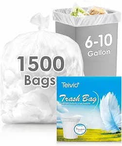 Teivio 6-10 Gallon 1500 Counts Medium Trash Bags,Fit 7,8,9 Gal Garbage Bags, Bathroom Trash Can Bin Liners, Plastic Bags for home office kitchen, Clear