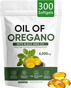 Oil of Oregano with Black Seed Oil, 2 in 1 Organic Oregano Capsules, with 85% Carvacrol Oregano Oil, for Immune Support, Boosts Energy & Clarity, Digestion Support, Non-GMO, 300 Softgel (1)