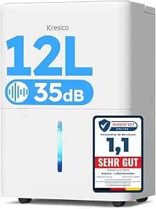 Kresico xWolei Electric Dehumidifier 12 L/24 Hours, Electric Dehumidifier 35 dB, Room Dehumidifier for Rooms Approx. 122 m³/25 m², with Drain Hose, Timer, Filter, Auto Defrosting, Refrigerant R290, 10 J.