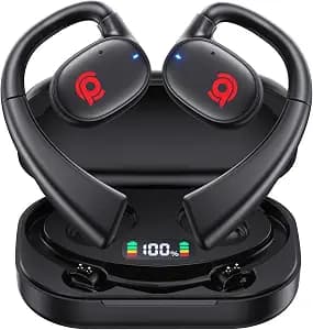 Open Ear Bluetooth Headphones Stereo Sound Clear Call Air-Conduction Wireless Charging Case LED Digital Display EarHook Earbuds Headset with Microphone Waterproof Earphone for Sport Work Running Black