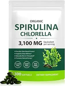 Tiuedu Spirulina Chlorella Softgels 300 Capsules, 17 in 1 Green Nutrient Blend Spirulina Chlorella Softgels,Rich in Plant Protein, Vitamins, Chlorophyll, Easy to Take Softgel
