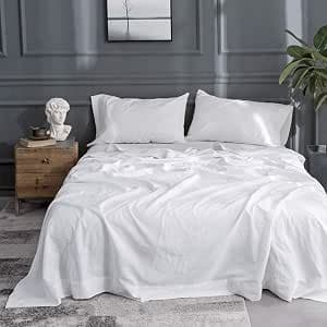 Simple&Opulence Belgian Linen Sheet Set Solid Color - 4 Pieces (1 Flat Sheet, 1 Fitted Sheet & 2 Pillowcases) Natural Flax Cotton Blend Soft Breathable Farmhouse Bedding - Queen Size, White