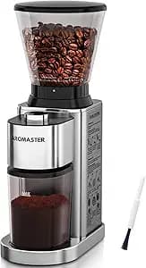 Aromaster Conical Coffee Bean Grinder, 48 Settings, Anti-Static, Sliver | Stainless Steel, 40S Adjustable Timer, Removable Burr, Brush for Easy Cleaning, for Espresso French Press Home Use, Quiet