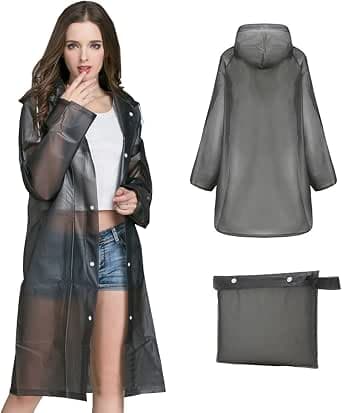 Raincoat Adult Portable Rain Ponchos, Waterproof Rain Poncho for Men and Women, Black Transparent Rain Coats Reusable EVA Rainwear for Hiking Camping and Travel