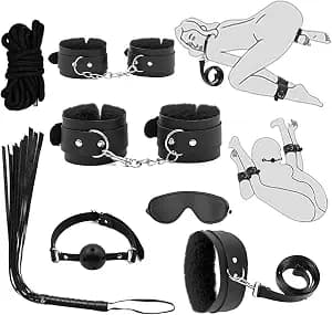 7-Pcs BDSM Kit for Beginners, Black Bondage Set for Couples with Adjustable Wrist & Ankle Cuffs, Collar, Blindfold, Ball Gag, Flogger & Ropes, Complete Adult Toy