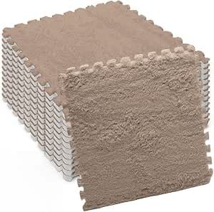 Interlocking Plush Foam Mat, 12 Pieces Living Room Bedroom Carpet Tiles, 30 cm x 30 cm x 1 cm Interlocking Foam Floor Tiles for Living Room, Bedroom (Light Brown)
