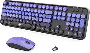 Wireless Keyboard and Mouse Combo, 104 Round Keys Cute Colorful Keyboard and Mouse with Retro Typewriter for PC Mac Laptop Tablet Computer Windows Black Purple