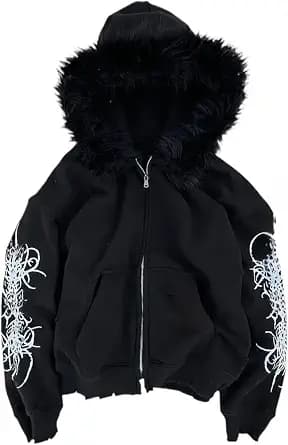 MANGMAO Fall Baggy Sweatshirts Grunge Fur Hood Zip Up Hoodie Women Men Oversized Y2k Emo Goth 2000s Graphic Hoodie