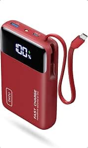 INIU 20000mAh Power Bank, Smaller 45W Fast Charging Travel Portable Charger | Flight-Safe, Built in USB-C Cable, Travel Essential, Battery Phone Pack for iPhone 17 16 Pro, Samsung S26, iPad etc, Red