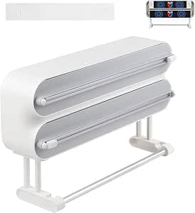 DBREAKS Wall Mounted Kitchen Paper Roll Holder (3 Rolls), Aluminium and Film Roll Holder, Transparent Film Cutter, Aluminium Foil Paper Dispenser