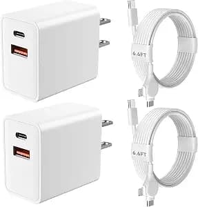 iPhone 15 14 Pro Max Charger Fast Charging, 20W Dual Port USB-C Fast Wall Charger Block with 6.6FT 2-in-1 Long USB-C to USB-C&L-ightning Cable Cord for iPhone 15/14/Plus/Pro/Pro Max /13/12/iPad -2Pack