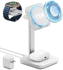 ESR for MagSafe Charger Stand, 3 in 1 Charging Station with CryoBoost, 15W Phone-Cooling Wireless Charging, MagSafe Stand, for iPhone 17e/17/16/15/14/13/12, AirPods, Apple Watch, White