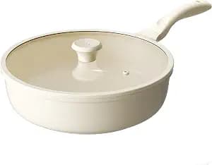 Redchef Ceramic Frying Pan with Glass Lid, Nonstick Deep Saute Pan for All Stovetops, Healthy Cooking Pan, Ergonomic Handle, Fast Even Heating, Splatter Prevention, Oven Safe, Beige (5.2Qt, 12")