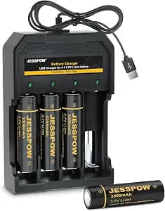 4 Pack Rechargeable Battery with Charger 3.7V 3300mAh Flat Top, Batteries for Headlamps, Flashlight, Camera, Small Fan, Outdoor Garden Lights