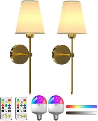 Klarlight Battery Operated Wall Sconce Set of 2, RGB+3CCT Rechargeable Wall Lamps with 5000mAh, Dimmable Bulbs with Remote Control, Wireless Lamps for Bedroom Living Room Hallway Decor