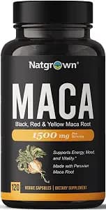 Natgrown Organic Maca Root Powder Capsules - Black, Red & Yellow - 120 ct | 1500 mg per Serving, Gelatinized Peruvian Maca Supplement for Men & Women - Non-GMO, Gluten-Free, Vegan