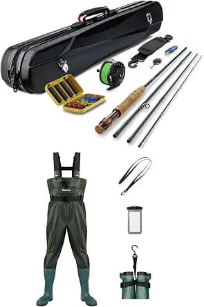 Gonex Chest Waders Hunting Fishing Waders for Men Women Waterproof 70D Nylon Wader Green Size 10 with Fly Fishing Rod and Reel Combo Starter Kit