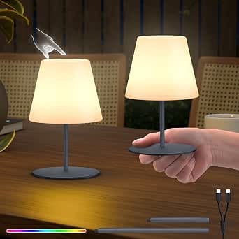 Pack of 2 Table Lamps, Wireless LED Battery, Small Bedside Lamp, Mini, 8 Colours, USB-C Rechargeable Table Lamp, Outdoor, Indoor IP44, 8-10 Hours Battery Life, Height Adjustment, Grey