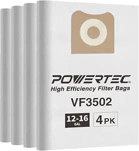 POWERTEC 23743 VF3502 Size A Shop Vacuum Bags for Ridgid 4 Pack, 12-16 Gal. Vacuum Bags for Ridgid HD1200, HD1400 Wet Dry Vac (75002P2)