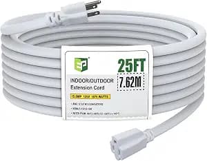 EP 12/3 25 FT Indoor Outdoor White Extension Cord Waterproof, 12 Gauge 3 Prong Power Cord Flexible Resistant Appliance Extension Cable Electric Cable Outside, 15A 1875W 12AWG SJTW, ETL Listed