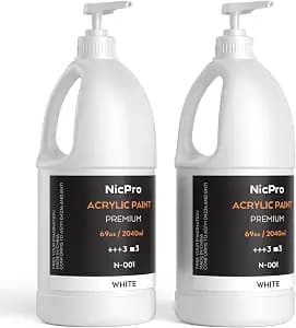 Nicpro 2 Pack White Large Acrylic Paint Set (69 oz, 2040 ml) Rich Art Painting Supplies Non Toxic for Multi Surface, Canvas, Wood, Leather, Fabric Stone Craft, for Beginners & Artists with Pump