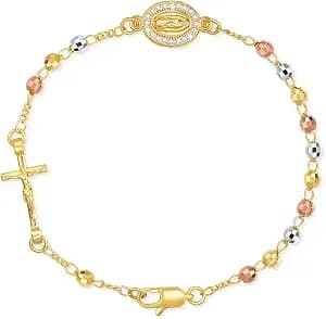 Catholic Crucifix Gifts Rosary Bracelet for Women-14K gold plated Virgin Mary Jesus Cross Charm Link Chain, Dainty Virgen de Guadalupe Religious Gift for Confirmation Baptism First Communion