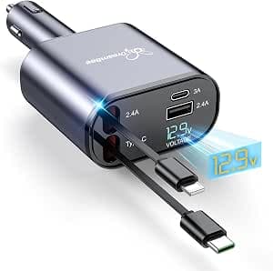 DreamBee Retractable Car Charger,66W 4 in 1 Super Fast Charge Car Phone Charger,Gifts for Men Women Car Truck Accessories for iPhone 17/16/15/14/13 Pro Max XR,iPad,Samsung,Pixel