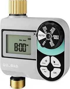 QUOBAS Brass Sprinkler Timer, Programmable Water Hose Timer for Garden Hose Faucet with Waterproof HD Screen, Rain Delay/Manual/Automatic Irrigation Watering System for Garden, Lawn, Yard