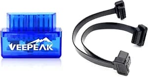 Veepeak Mini Bluetooth OBD II Scanner for Android (Incompatible with iOS) and OBD2 Splitter 1 to 2 Y Adapter 2-Way OBD Extension Cable(1FT/30CM) 1x Male Plug to 2X Female Connectors