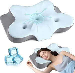 Cerrvical Neck Pillow- Ergonomic Memory Foam Pillows for Sleeping, Dual Ear Relief Zone Contour Pillow, Neck Support Pillows for Side Back &Stomach Sleeper (Blue)