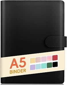 Sooez A5 Binder 6 Ring, Refillable Notebook Planner Cover, Small Leather Organizer Empty Binder for Budget,Journal,Photocard Holder,Recipe Book, Aesthetic Loose Leaf Binder with Magnetic Buckle
