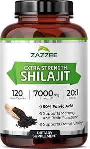 Zazzee 100% Pure Himalayan Shilajit 20:1 Extract, 7000 mg Strength per Capsule, 50% Fulvic Acid, 120 Servings per Bottle, 20X Potency, Rich in Trace Minerals, Non-GMO, Vegan, Made in The USA