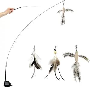 TTcat Cat Wand Toys with Suction Cup, Interactive Bird Simulation Cat Toy Set,Cat Teaser Cat Toys,Flexible Steel Wire and 3Pcs Replacement Feather Refills with Bells.