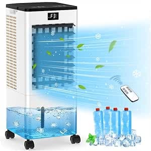 Klimaanlage Mobil Ohne Abluftschlauch, Verdunstungskühler 8L Wassertank 60W, Leiser Turmventilator Schlafmodus, 4 Modi 3 Geschwindigkeiten 1-12h Timer 60/120° Oszillierend Fernbedienung 4 Kühlakku