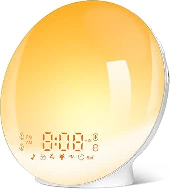 Sunrise Alarm Clocks, Wake Up Light with Sunrise/Sunset Simulation Dual Alarms Bedside Night Lamp Snooze Function FM Radio 7 Natural Sound 11 Colorful Atmosphere Lamp(White)