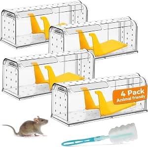 Humane Mouse Trap for Indoor, Live Mouse Trap for Home, Reusable Live Catch and Release, Pets & Children Friendly Mice Traps, Washable Cleaning Brush Included (4 Packs, Clear)