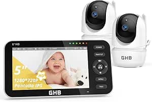 GHB Baby Monitor with 2 Cameras 5 Inch 720P HD Display with up to 168 Hours Battery Life in VOX Sleep Mode Intercom Night Vision and Temperature Display