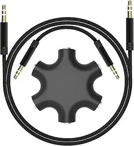 3.5mm Multi Headphone Audio Splitter 5-Jack Female Connector Adapter with 3.5mm Stereo Cable 20cm & 100cm, 3-in-1Pack