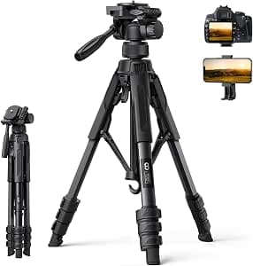 Lamicall Compact Camera Tripod, 67"/170cm Super Stable Aluminum Travel Outdoor Tripods for Camera with Rapid Leg Deployment, 8KG Max Load Camera Stand with Phone Holder & Carry Bag for Camera, Phone