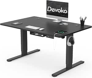 Devoko Height-Adjustable Desk 120 x 80 cm with Type-C Charging Port, Mobile Electric Computer Desk with Cable Management Tray and 3-Function Memory, Black
